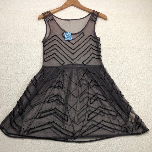 Free People Mini Slip Dress Sheer Scoop Full Beaded Sz XS Charcoal New With Tags - Picture 2 of 9